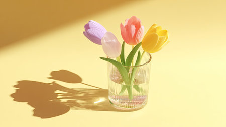 Pastel colored tulips in a clear glass vase with striking shadows.の素材