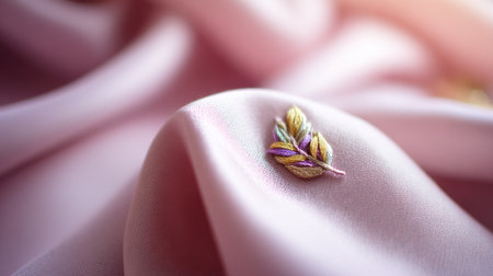 Shallow depth of field  shot focuses on a tiny, multi-colored embroidered representation of a leaf or small sprig resting on draped, lustrous pink or mauve satin fabric, with soft light illuminating the scene.の素材