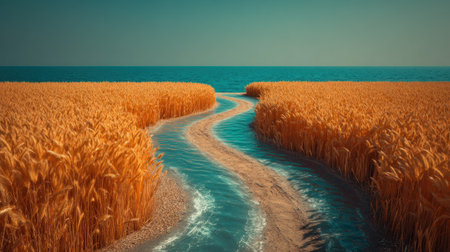 Surreal and vibrant landscape featuring tall, dense stalks of golden, ripe grain bordering a narrow, sinuous path of clear, flowing water that recedes toward a vast expanse of blue water under a clear sky.の素材