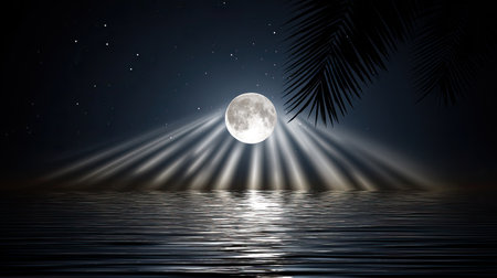 Dramatic night scene featuring a large, bright full moon positioned above a body of dark, rippling water. Intense beams of light radiate downward from the moon, reflecting on the water's surface. The upper corners of the frame are partially obscured by the dark silhouette of palm fronds against the starry, deep blue-black night sky.の素材