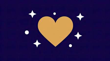 Minimalist graphic featuring a large, stylized golden heart shape positioned centrally against a dark, rich indigo or deep blue background. The heart is embellished by several small white elements, including four pointed stars and four small circles, suggesting a magical or special feeling.の素材