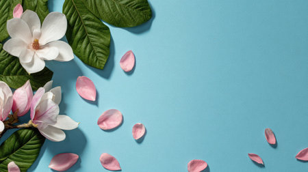 Overhead view composition featuring several large, waxy white and pink magnolia flowers accompanied by deep green leaves clustered in the upper left corner, with numerous individual pink petals scattered diagonally across the bright, solid cyan blue surface, leaving ample empty space for text or design elements.の素材