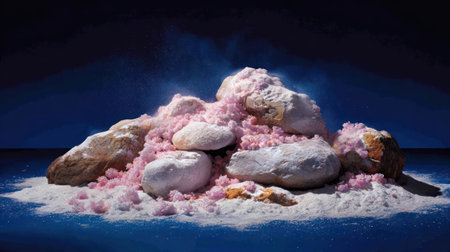 Low-key  photograph featuring a cluster of irregularly shaped stones forming a small hill. The stones are partially covered with a layer of fine white powder, resembling snow or salt, and interspersed with bright pink, fluffy or granular material, creating a visually striking and somewhat surreal composition against a deep, dark blue background.の素材