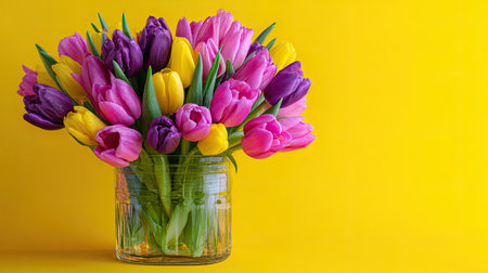 A colorful bouquet of tulips in a glass vase stands out against a yellow background.の素材