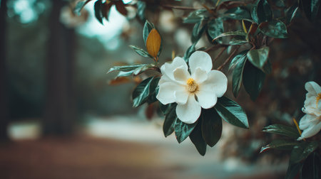 Shot focuses on a single, prominent white flower with a yellow center, nestled among richly toned, deep green leaves. The background is heavily blurred with soft, muted tones suggesting an outdoor garden or park setting, providing ample negative space to the left.の素材