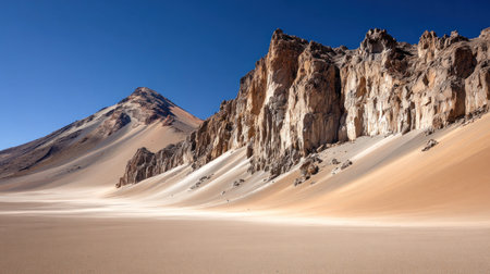 Wide shot captures a striking contrast between a massive, eroded cliff face rising steeply on the right and a large, relatively smooth, conical mountain peak in the distance on the left, separated by an expansive, flat desert floor composed of pale, sandy soil. The intense, deep blue of the cloudless sky suggests bright, high-altitude sunlight casting defined shadows across the rugged textures of the rock and the gentle undulations of the foreground terrain.の素材