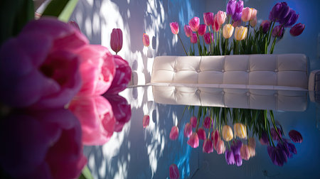 Vibrant tulips and their reflections create a decorative and elegant scene.の素材