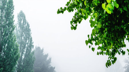 Low-angle outdoor shot capturing the contrast between intensely bright, heart-shaped green leaves hanging from the upper right and a row of tall, narrow trees fading into a thick, white mist or fog on the left and in the background.の素材