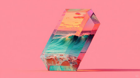 Highly polished, elongated hexagonal crystal or glass prism stands tilted on a flat surface against a solid, bright pink background. The internal surfaces of the object beautifully refract and display a vivid scene of large turquoise ocean waves crashing near a shore during a warm sunset, featuring rich orange and pink hues in the sky.の素材