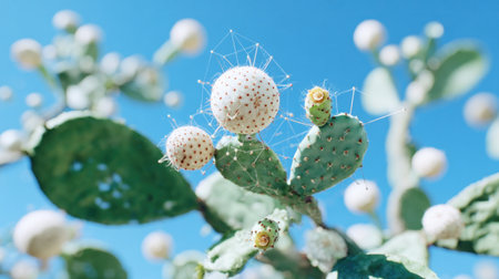 , low-angle view of a prickly pear cactus showing its flat, green pads and developing fruit, set against a vibrant blue sky. Abstract, fine white lines form a delicate, interconnected geometric network surrounding some of the fruit, suggesting concepts of digital integration or natural structure in a bright, outdoor setting.の素材