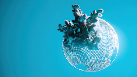 Digitally rendered image featuring a semi-transparent, latticed sphere representing the planet Earth, partially obscured by a dense, fluffy, dark, and textured mass resembling smoke or pollution billowing from its upper surface, all set against a bright, gradient cyan blue background.の素材