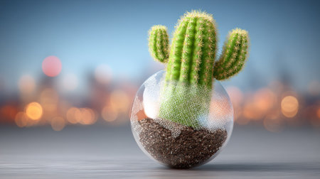 Rendering focuses on a small, vibrant green columnar cactus growing in dark soil inside a clear, round glass orb. The container rests on a light gray surface, with a brightly lit, out-of-focus cityscape featuring numerous warm bokeh lights visible in the background under a twilight sky, creating a contrast between nature and urban environment.の素材