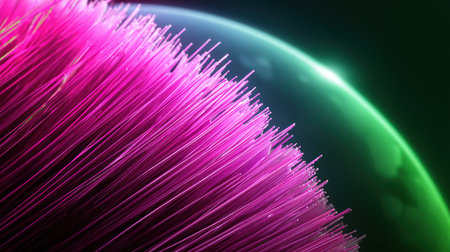 View of numerous thin, vibrant magenta fibers or strands radiating outward, set against a dark, out-of-focus background featuring a prominent, bright green, luminous arc or spherical edge.の素材