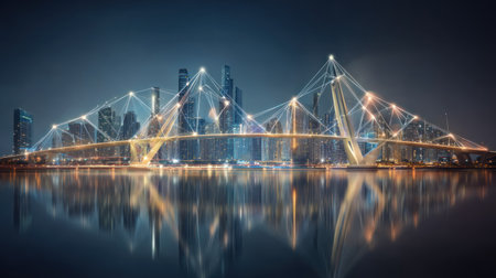 Wide nighttime view captures a large, illuminated cable-stayed bridge crossing a body of water. The bridge features glowing points connected by light lines, suggesting a digital network or data flow, silhouetted against a backdrop of densely packed, high-rise buildings in a major city. The lights from the bridge and city create a distinct, shimmering reflection on the still water surface below.の素材