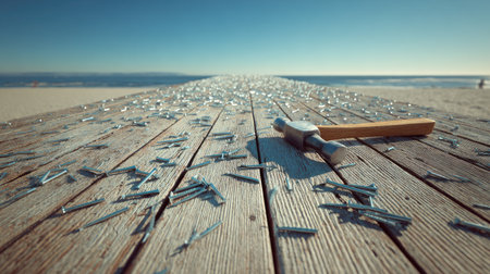 Low-angle,  view of a metal hammer resting on aged, rough wooden decking, surrounded by numerous scattered metal nails. The wooden surface stretches into the background toward a bright beach and the calm blue ocean under a clear sky, suggesting an abandoned or paused construction or demolition project near the water.の素材