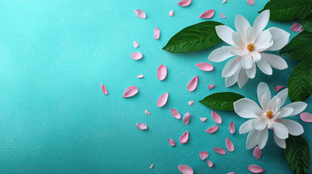 Overhead view composition featuring two large, white, multi-layered flowers with yellow centers positioned on the right side of the frame, surrounded by dark green leaves and numerous small, delicate pink petals scattered across a richly textured, bright cyan or teal surface, leaving significant empty space on the left for text or other elements.の素材