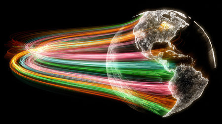 Abstract representation of global data transfer and connectivity, showing numerous vibrant, multicolored light streams converging upon a glowing, wireframe-like depiction of the Earth, with North and South America visible against a deep black background.の素材
