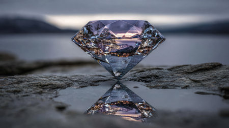 Sharply focused, brilliant, expertly cut gemstone rests precariously on a damp, dark, uneven rock surface, displaying a distinct reflection in a small puddle of water beneath it; the gemstone's facets capture the colors of a muted, distant landscape under an overcast sky.の素材