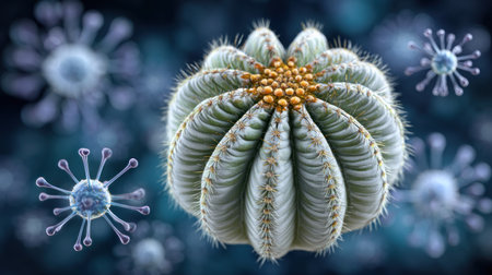 Detailed digital rendering focusing on the top portion of a ribbed, spherical cactus, featuring pronounced vertical ridges and small spines along the edges, with a cluster of yellow-brown structures at its apex. Several abstract, spiky, spherical forms suggestive of viruses or microbes float in the blurred, deep blue background, creating a contrast between botanical life and microscopic threat.の素材