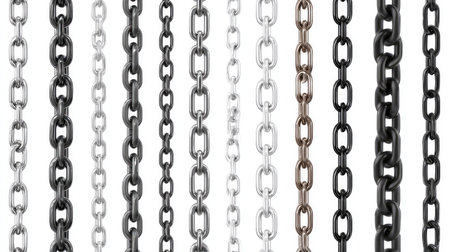 Various metal chains hang vertically in a repeating pattern on a white background.の素材