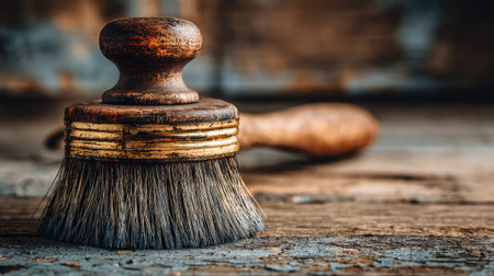 , shallow depth of field photograph emphasizes a round, wooden-handled scrubbing or dusting brush sitting on a distressed, textured wooden plank. The brush features dark, dense bristles and a visible golden band around its base, contrasting with the rough, aged wood grain of the surface and the blurred, warm background which suggests a workshop or storage area.の素材
