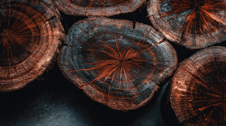 , overhead view of five circular cuts of wood stacked or arranged closely together, featuring pronounced, concentric growth rings highlighted with reddish-orange and deep indigo tones against a stark, dark setting.の素材