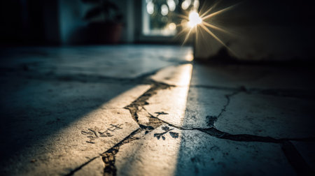 Low-angle shot capturing a dramatic strip of bright sunlight shining across a dark, textured stone floor, highlighting deep cracks and faint, etched decorative patterns within the stone surface.の素材