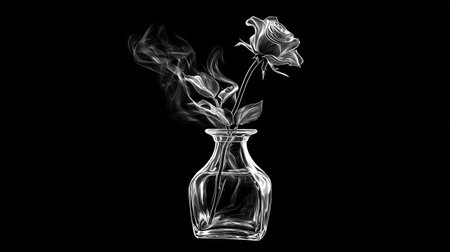 A delicate rose with smoke emerging from its petals sits in a glass vase.の素材