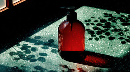 Striking, high-contrast composition featuring a dark amber pump bottle resting on a speckled, greenish floor or countertop. Intense direct sunlight streams in from the upper left, creating sharp diagonal shadows and casting detailed silhouettes of leaves or branches onto the illuminated area, highlighting the bottle's color and form.の素材