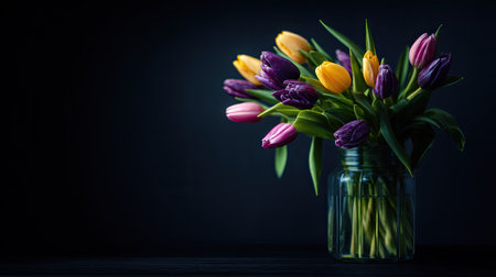 A bouquet of colorful tulips in a clear glass vase.の素材