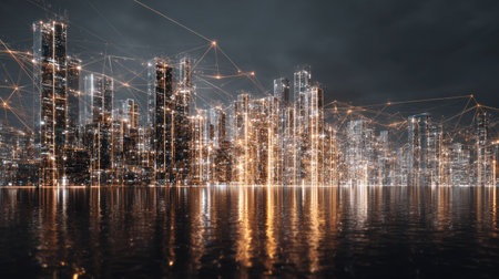 Sophisticated digital rendering depicts a dense array of illuminated skyscrapers emerging from dark, rippling water at night. Fine lines and glowing nodes overlay the scene, suggesting a complex, interconnected technological network spanning the urban horizon under a moody, overcast sky.の素材