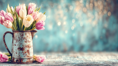 A bouquet of pastel tulips sits in a rustic metal pitcher on a weathered wooden surface.の素材