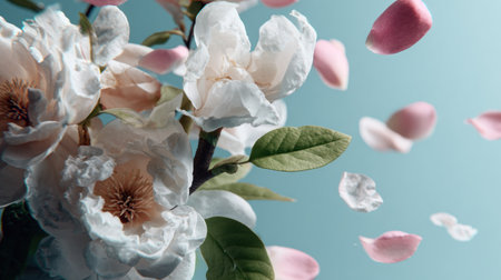 Composition featuring several large, somewhat textured white flowers with brownish centers, accompanied by vibrant green leaves, set against a soft, uniform pale blue background, while numerous individual white and pink petals appear to be floating or falling through the air around the main floral arrangement.の素材
