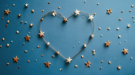 Overhead view of numerous small, golden, star-shaped objects and tiny spherical beads scattered across a solid, deep teal or blue surface, with a central arrangement of stars forming the outline of a heart shape, suggesting themes of love, celebration, or night sky wonder.の素材
