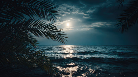 Moody, dark image depicting an ocean or large body of water at night, illuminated by bright moonlight creating a strong reflection across the waves. The scene is viewed from under the silhouette of overhanging palm tree leaves framing the top left and right edges.の素材