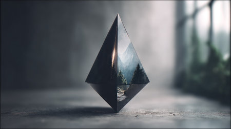Centrally focused, dark, bipyramidal or diamond-shaped object rests precariously on a concrete floor in a dim, interior setting. One side of the object clearly reflects a detailed, cool-toned natural scene featuring dense evergreen trees, mountains, and perhaps a stream, contrasting sharply with the muted, hazy background suggesting a misty or foggy outdoor environment beyond.の素材