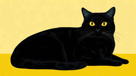 A black cat with striking yellow eyes is depicted in a stylized, colorful illustration.の素材