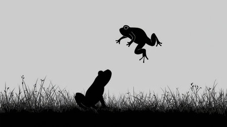 Two black frogs are in silhouette, one jumping, against a pale sky.の素材
