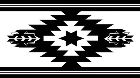 A striking black and white geometric pattern features a central star and flanking arrow designs.の素材