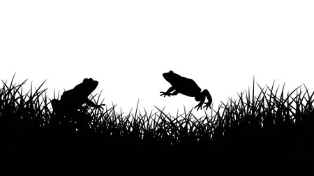 Silhouettes of two frogs amidst tall grass.の素材