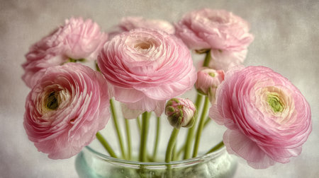 Pink ranunculus flowers are arranged in a clear glass vase.の素材