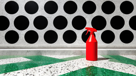 Single bright red trigger spray bottle is positioned centrally on a polished, speckled terrazzo floor that incorporates bright green geometric shapes, standing before a decorative white wall characterized by a grid pattern of large, uniform black circles creating high contrast.の素材
