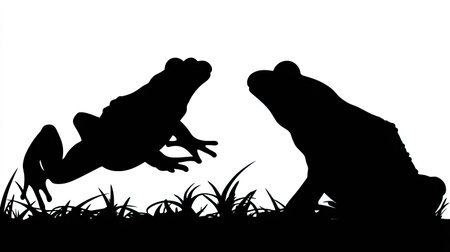 Two frogs are silhouetted against a white background with grass.の素材