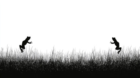 Two frogs in silhouette jump through tall grass with a white background.の素材