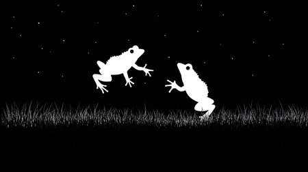 Silhouettes of two frogs jump among stars on a dark night.の素材