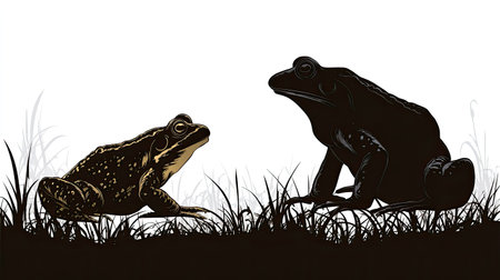 Two frogs are shown in the grass on a white background.の素材