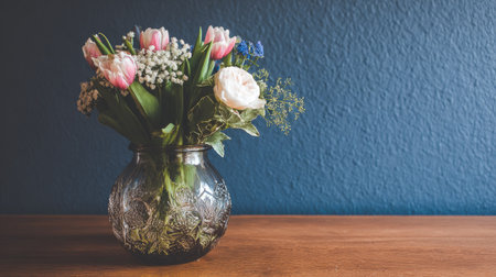 A bouquet of fresh pink tulips and white flowers sits in a decorative glass vase.の素材