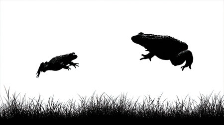 Two silhouetted amphibians leap above the grass in a dynamic action.の素材