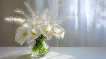 A bouquet of white calla lilies and delicate grasses in a clear vase.の素材