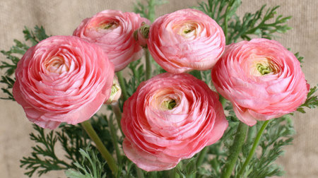 A bouquet of beautiful pink ranunculus flowers with detailed layered petals.の素材